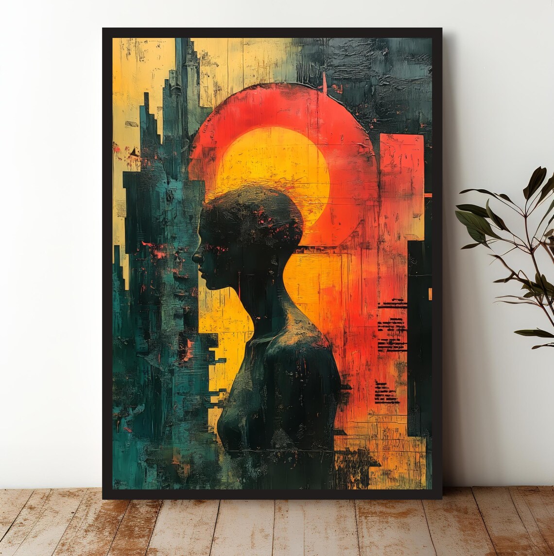 Silhouette Woman Red Sun Abstract Urban Profile Portrait Art Print