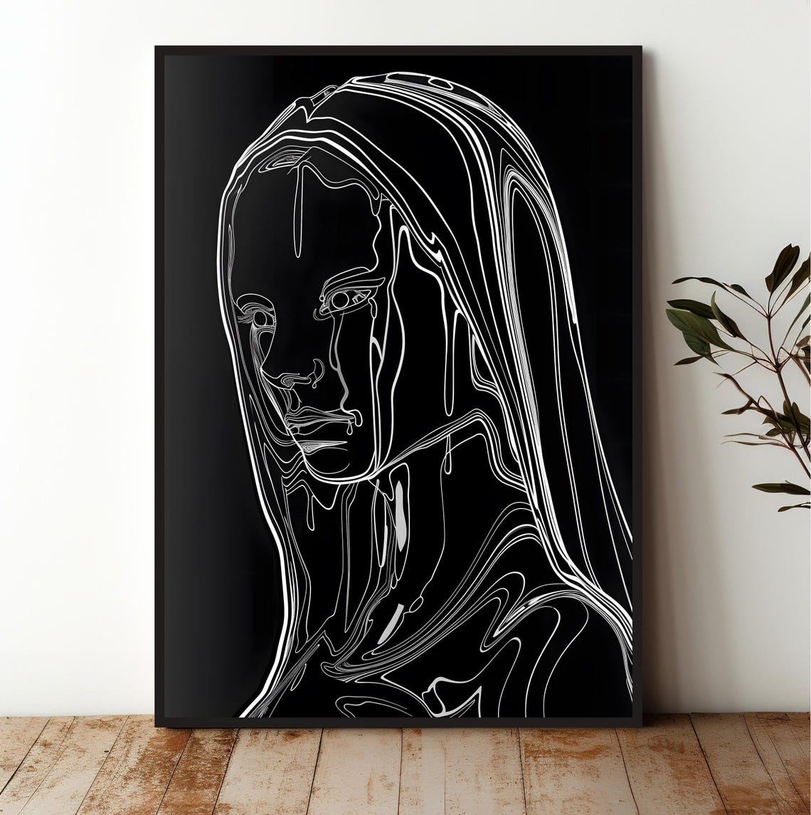 Woman Face White Line Art On Black Minimalist Silhouette Wall Art