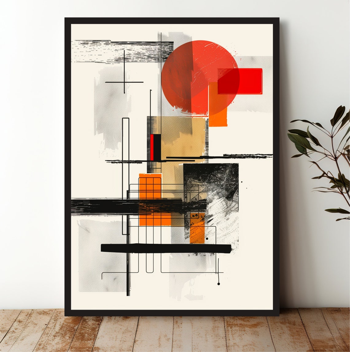 Red Sun Circle Mid Century Modern Geometric Abstract Wall Art