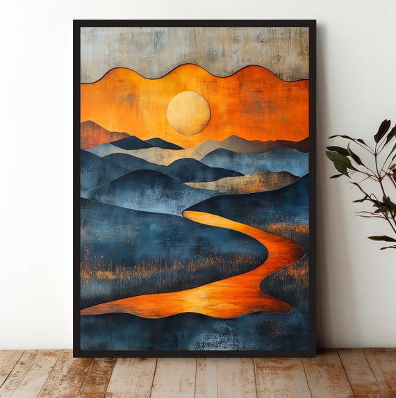 Abstract Sunset Landscape Wall Art Print Serene Nature Decor For Home Office Gallery Red River Hills Design