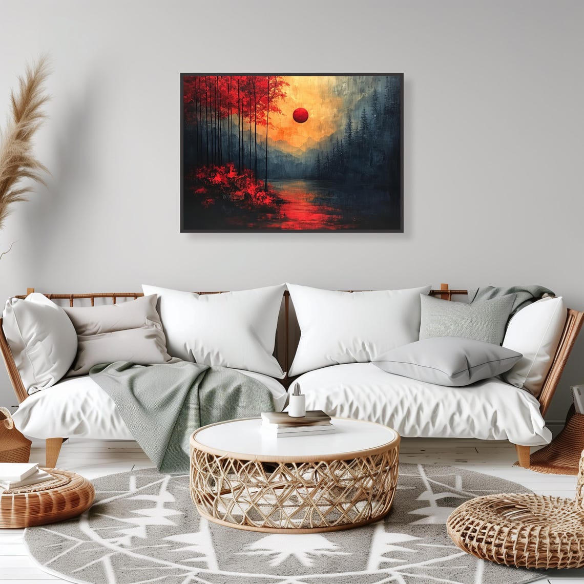 Red Autumn Forest Lake Sunset Landscape Nature Scene Wall Art - Image 2
