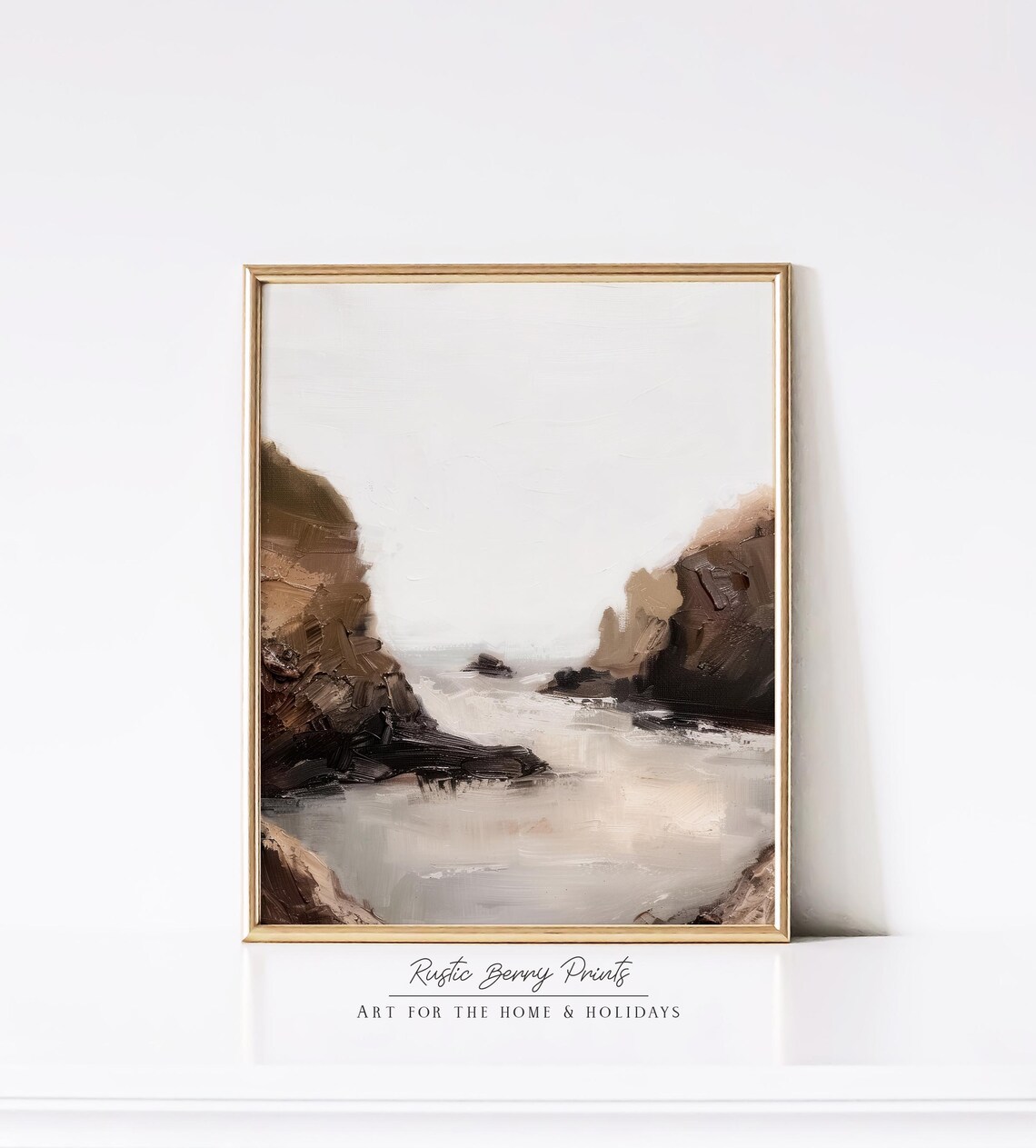 Moody Coastal Cove Dark Cliffs Misty Neutral Sea Vintage Art Poster - Image 2