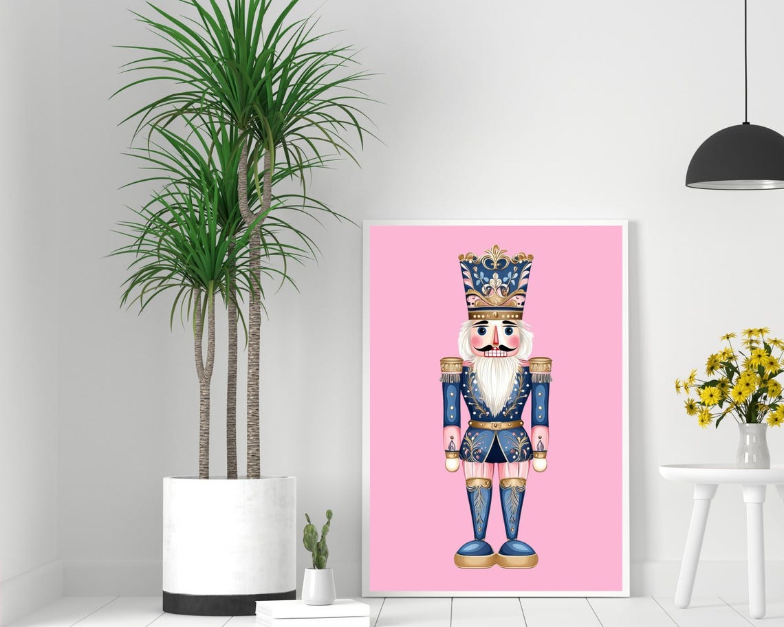 Blue and Gold Christmas Nutcracker on Pink Modern Decor Poster - Image 2