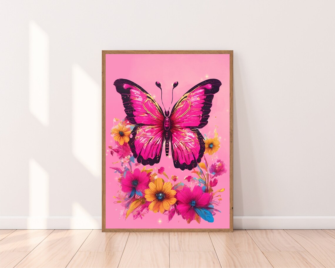 Pink Butterfly Floral Art Magenta Bloom Garden Insect Wall Print - Image 2