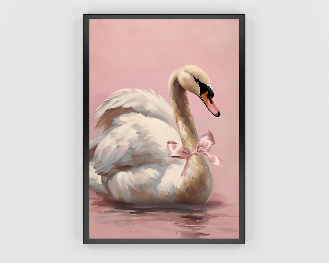 White Swan with Pink Bow Floating in Pink Water Elegant Poster - Image 3