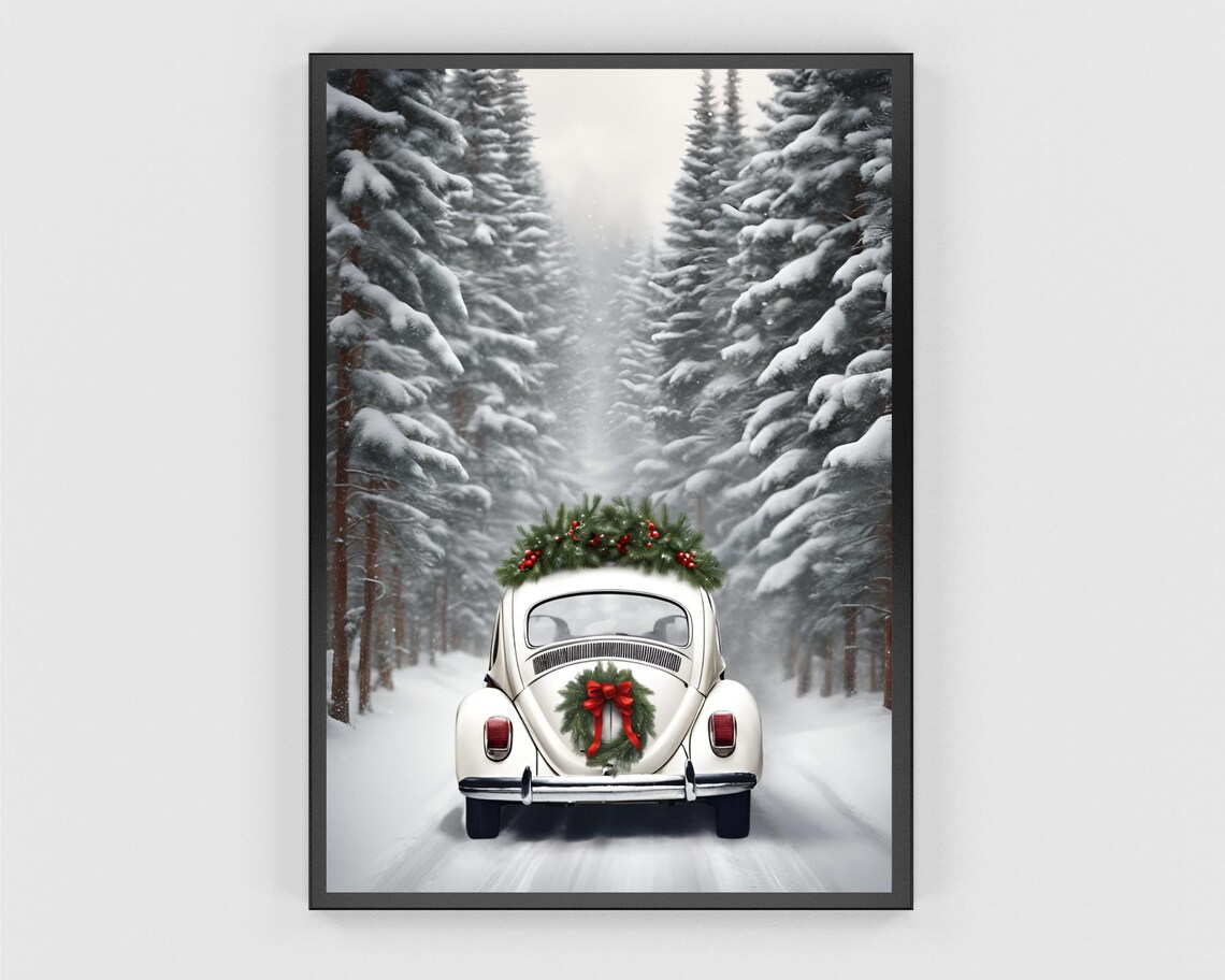 Christmas Wall Art Print Vintage Christmas Car Prints Wall Art Christmas Truck Poster Winter Wall Art Christmas Trees Painting - Image 3