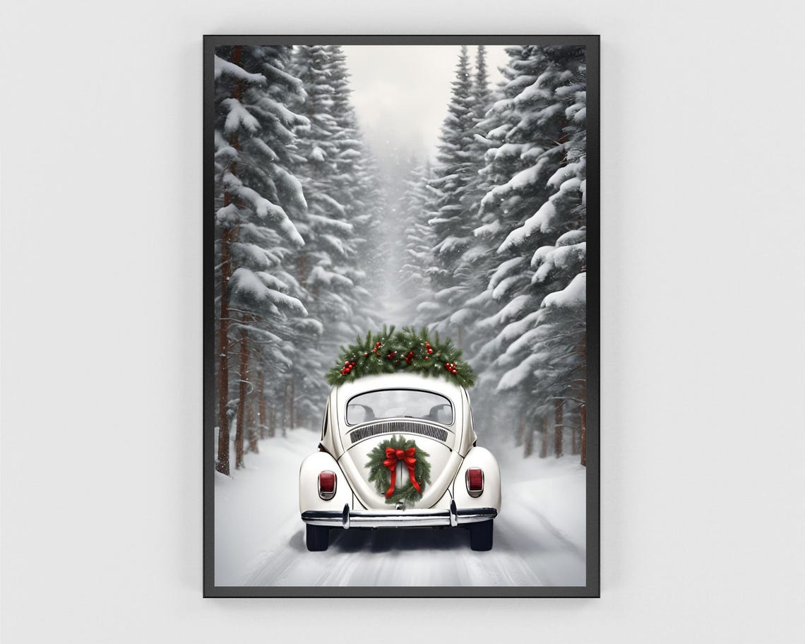 White Volkswagen Beetle Christmas Wreath Snowy Forest Road Poster - Image 3