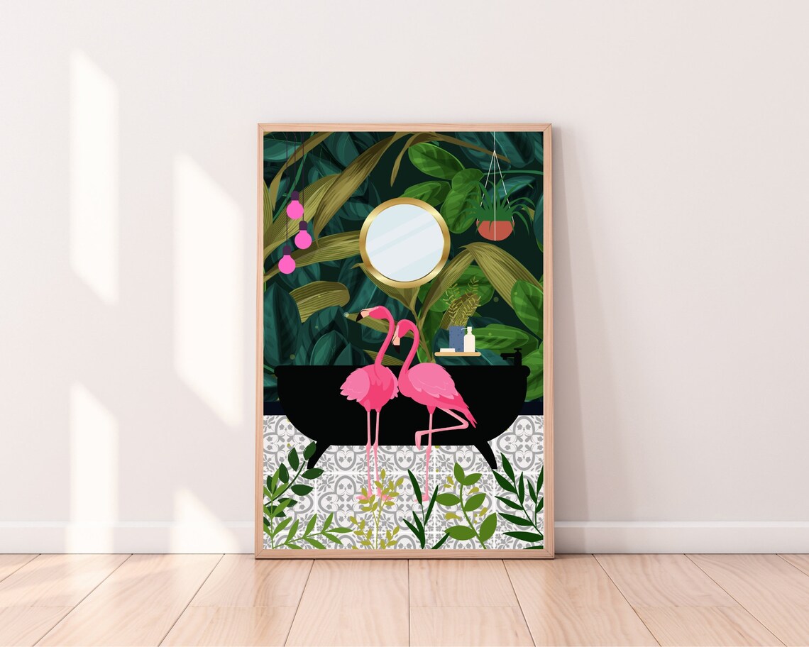 Pink Flamingos Tropical Bathroom Botanical Art Print - Image 2