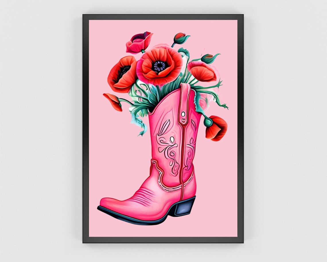 Pink Cowboy Boot Overflowing With Red Poppies Watercolor Poster - Image 3