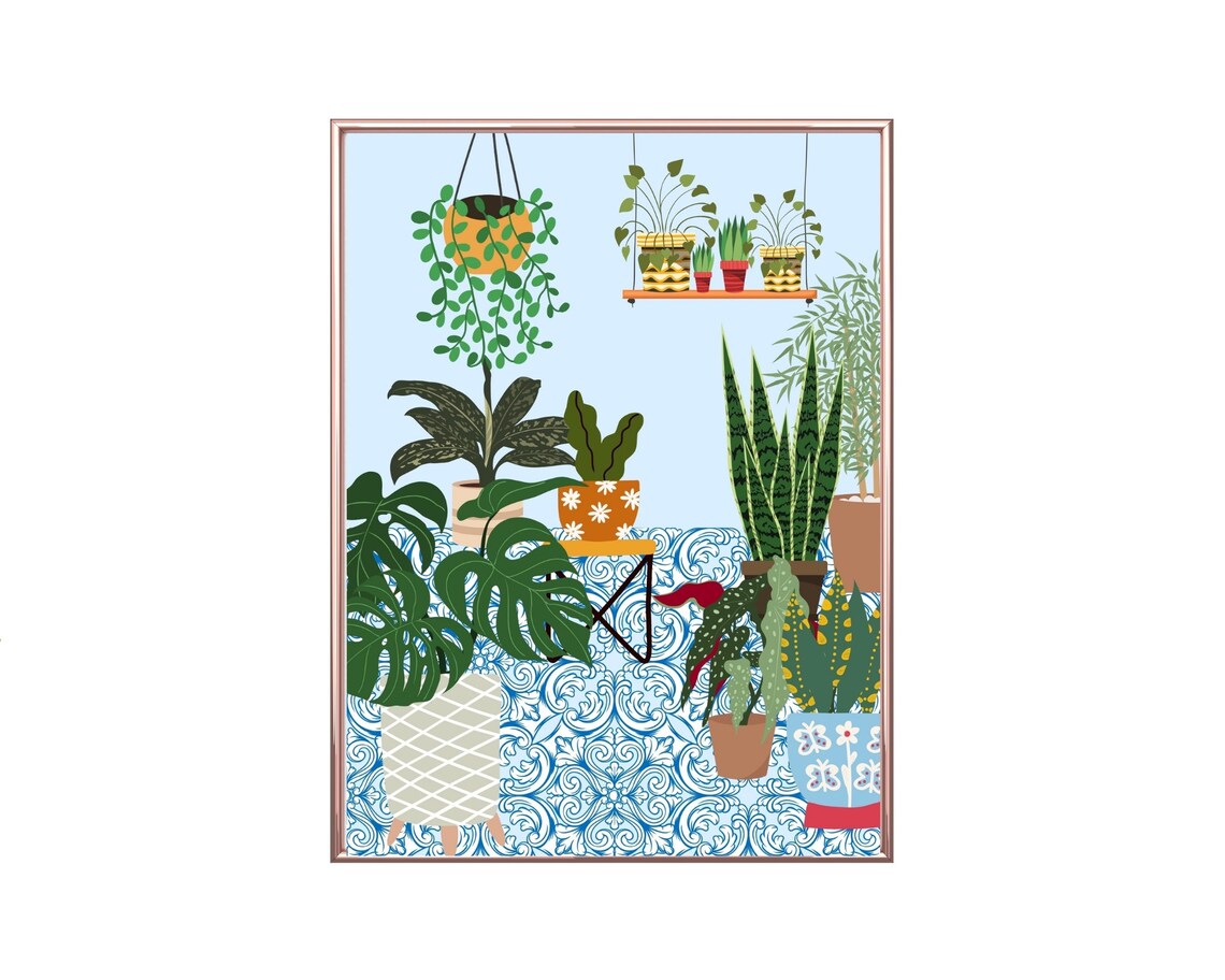 House Plant Art Print, Greek Tile Boho Botanical - Image 2