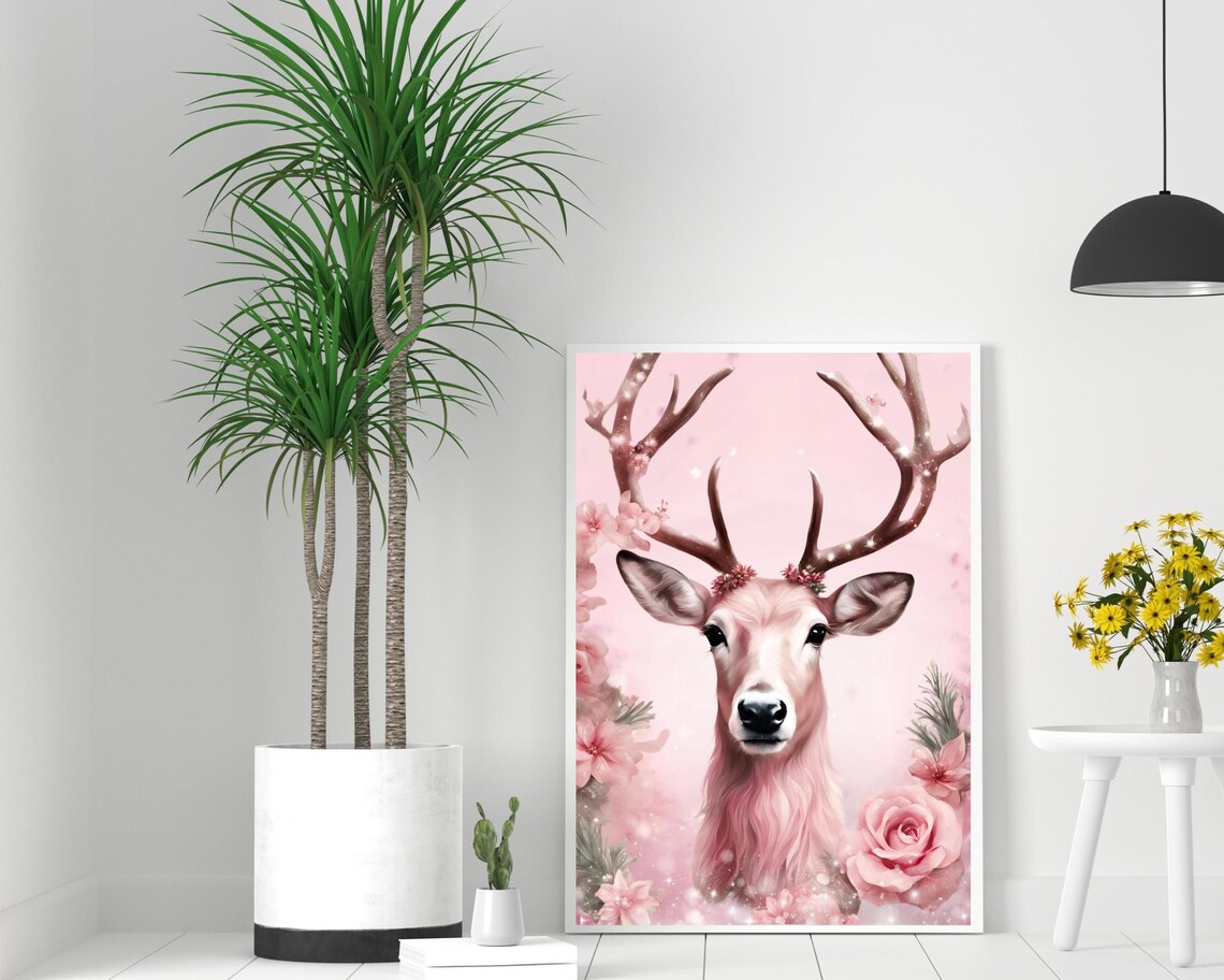 Pink Reindeer Portrait Sparkling Antlers Floral Christmas Poster - Image 2