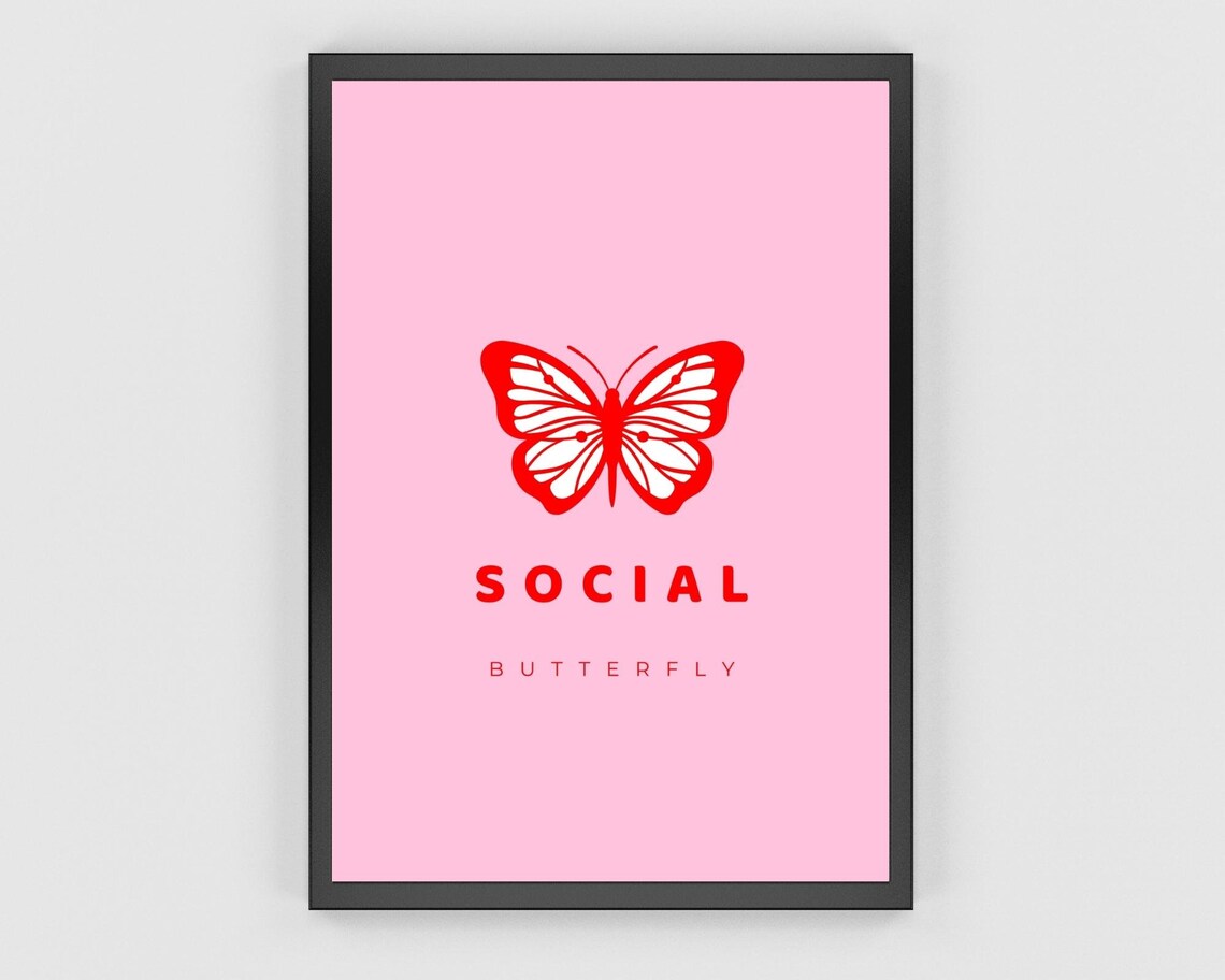 Social Butterfly Red Butterfly Pink Preppy Typography Art Poster - Image 3