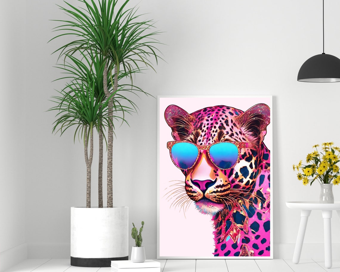 Neon Pink Leopard Blue Mirror Sunglasses Bold Pop Art Wall Poster - Image 2