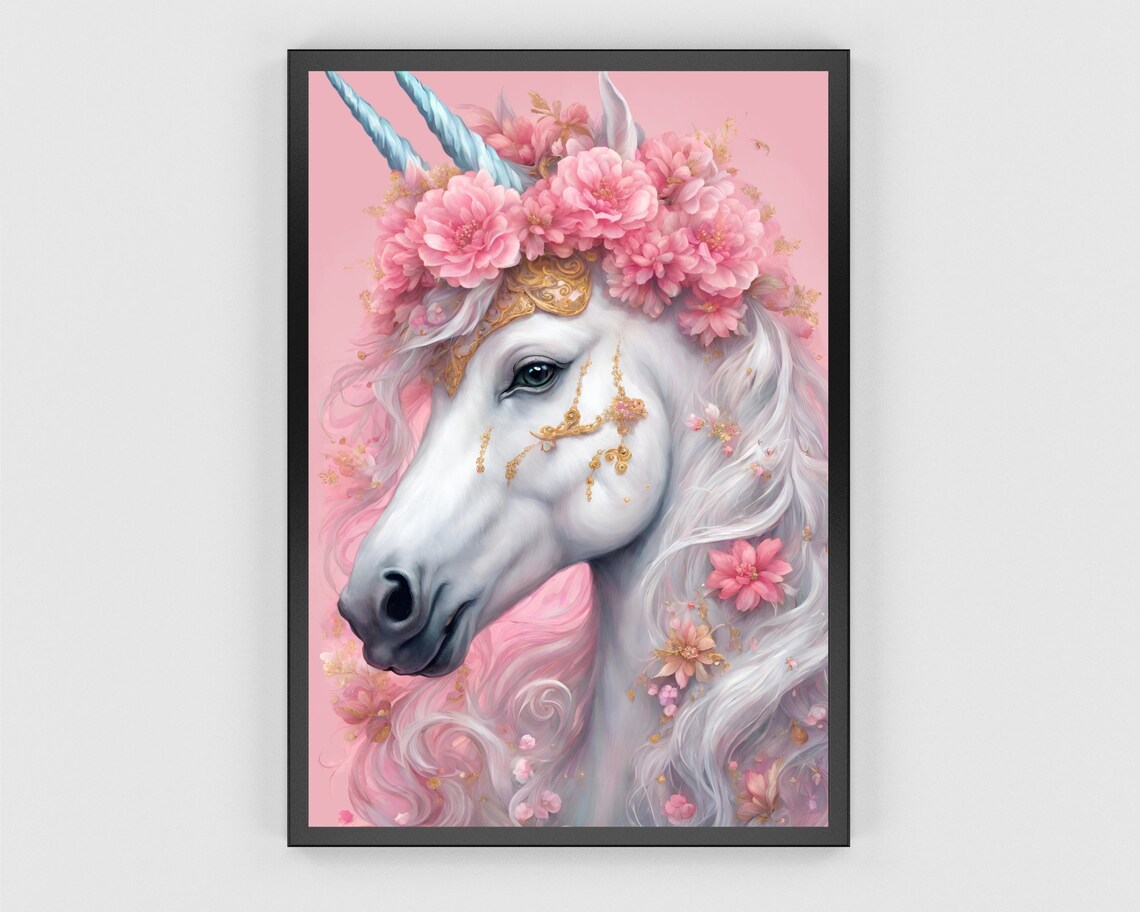 White Unicorn Gold Bridle Pink Blossom Fantasy Portrait Poster - Image 3