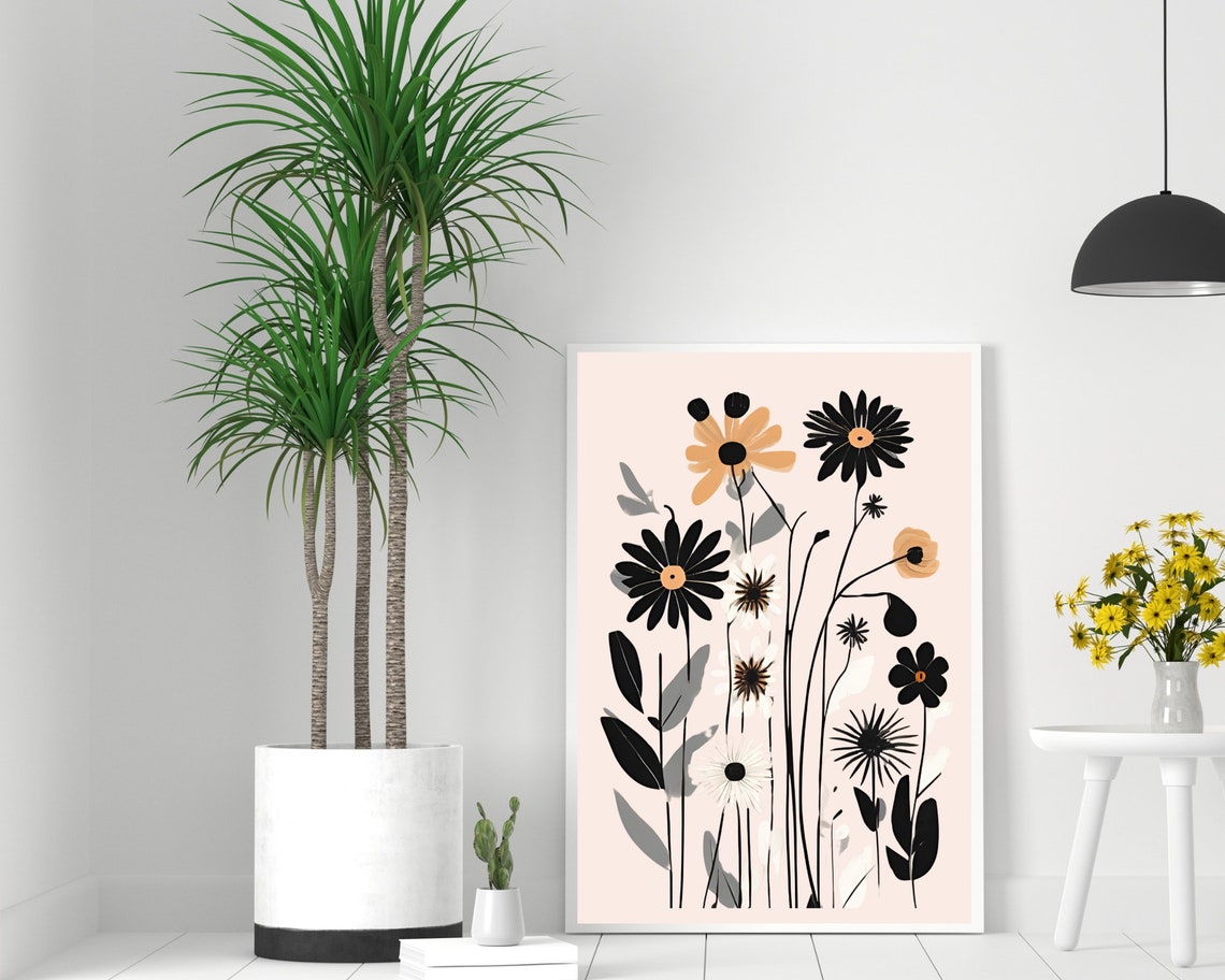 Black White Wildflower Abstract Beige Modern Botanical Poster - Image 2