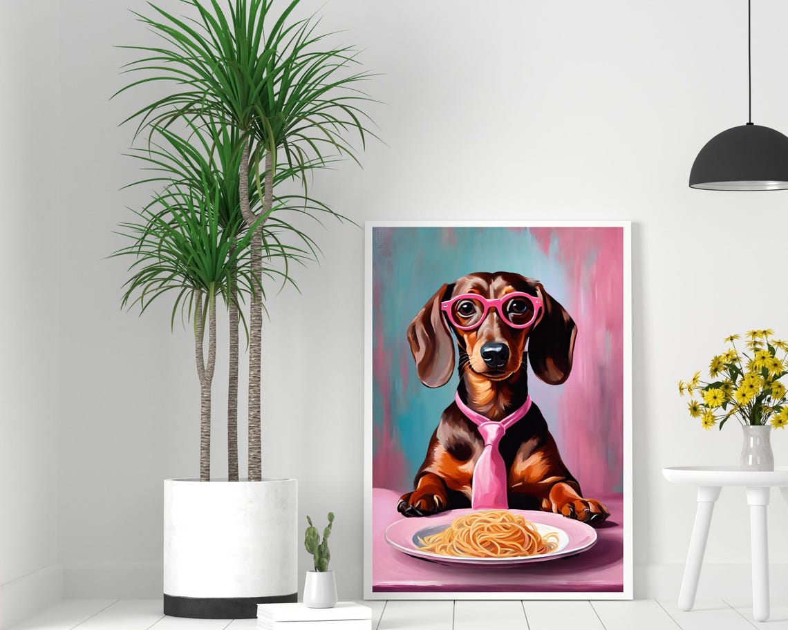 Funny Dachshund in Pink Glasses Eating Spaghetti Dinner Poster - Image 2