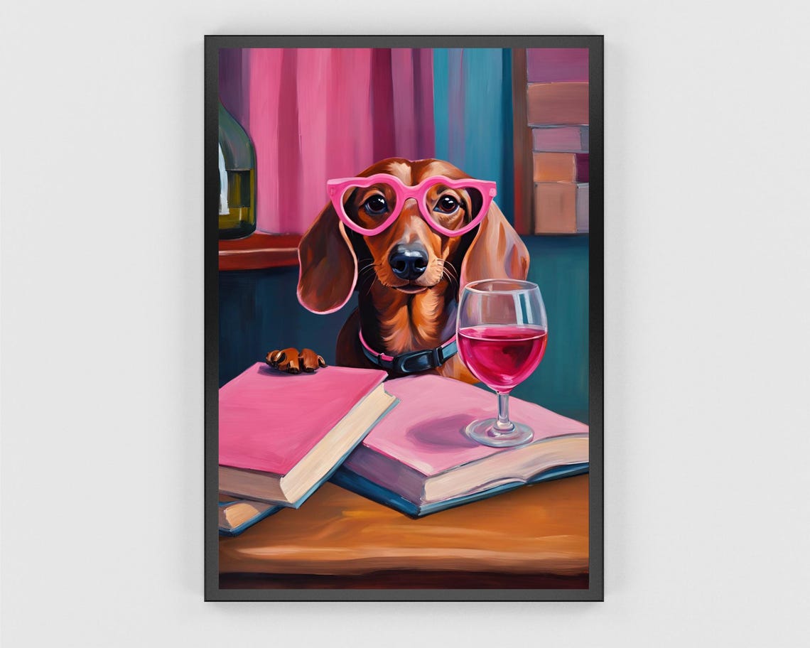 Playful Dachshund in Pink Heart Glasses with Wine Books Poster - Image 3