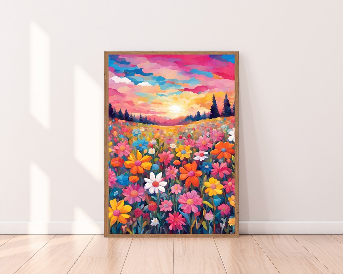 Wildflower Meadow Sunset Art Colorful Daisy Field Landscape Print - Image 2