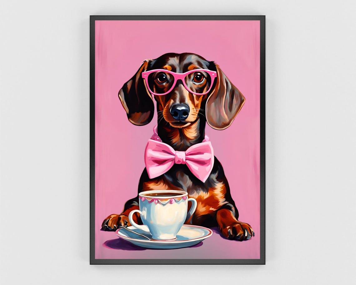 Dachshund With Coffee Cup Pink Glasses Bow Tie Funny Wall Poster - Image 3