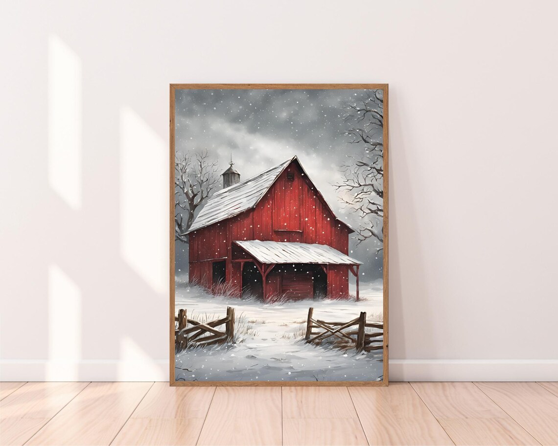 Red Barn Winter Snow Farm Landscape Rustic Vintage Art Poster - Image 2