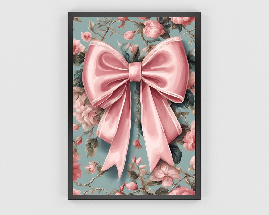 Elegant Pink Satin Bow On Teal Floral Chintz Background Poster - Image 3