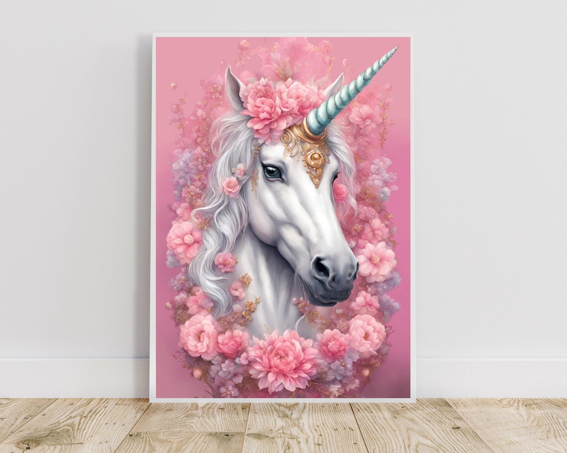 White Unicorn Teal Horn Pink Peony Wreath Magical Fantasy Art Poster - Image 2