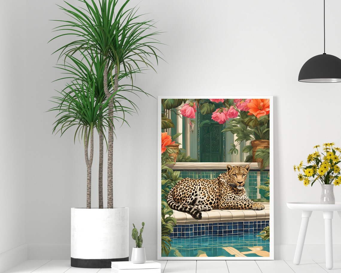 Leopard By The Pool Vintage Leopard Art Print - Image 2