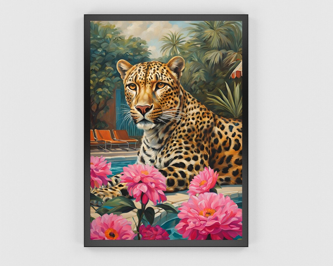 Tropical Leopard by the Pool Pink Flowers Maximalist Wall Poster - Image 3