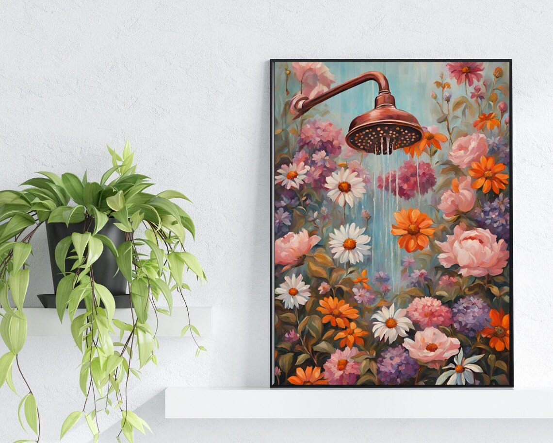Vintage Copper Showerhead Watering Wildflowers Bathroom Poster - Image 2