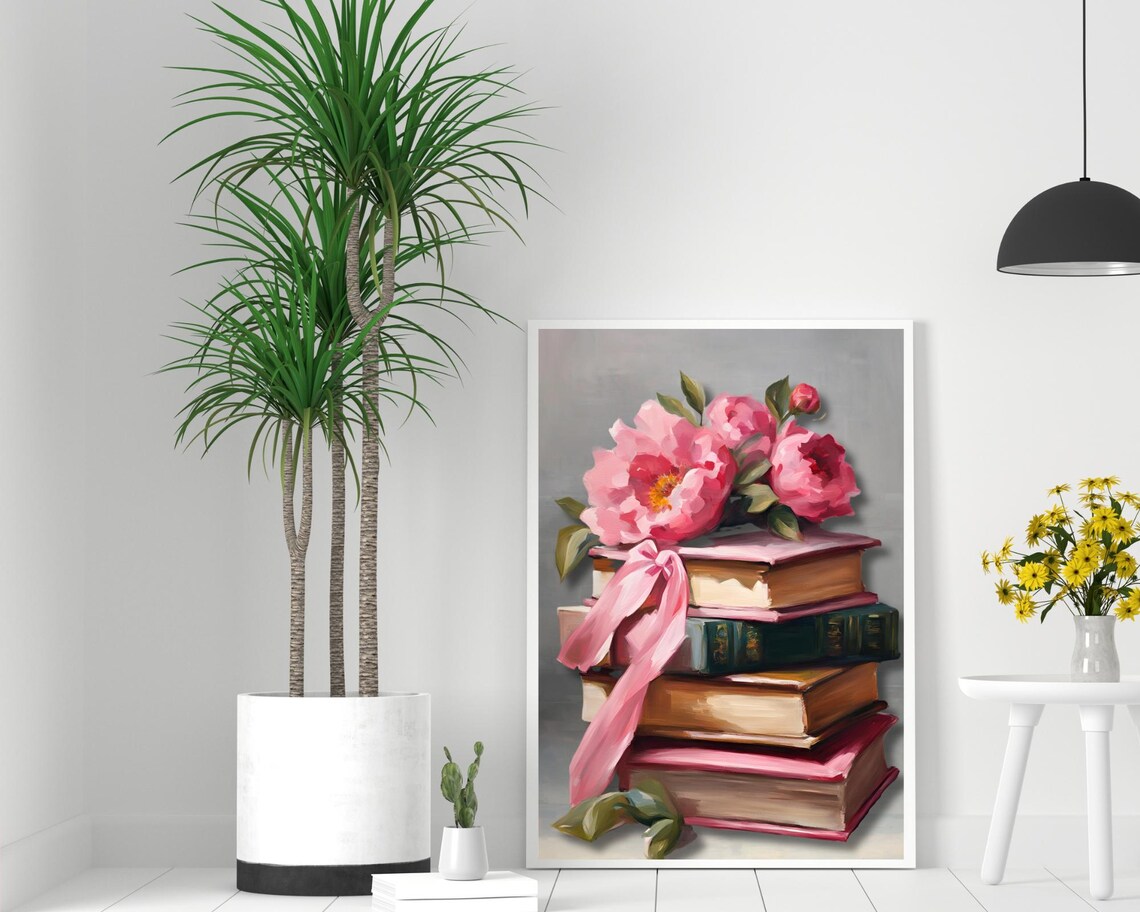 Stack Of Vintage Books Tied With Pink Ribbon And Peonies Poster - Image 2