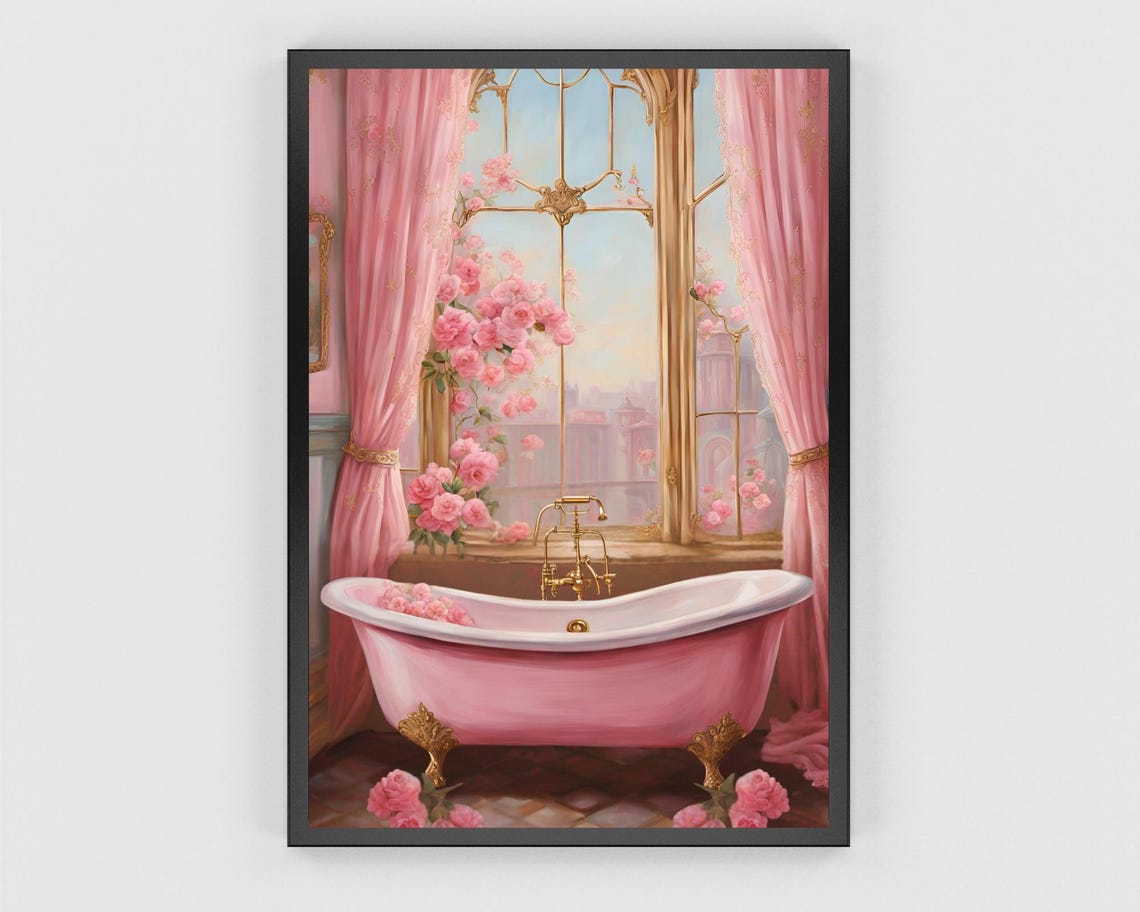 Pink Bathtub Before Tall Windows with Roses Romantic Decor Poster - Image 3