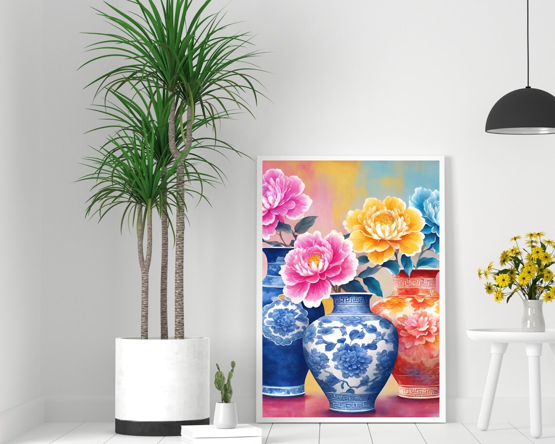 Chinoiserie Vase Trio Peony Art Blue White Porcelain Floral Print - Image 2