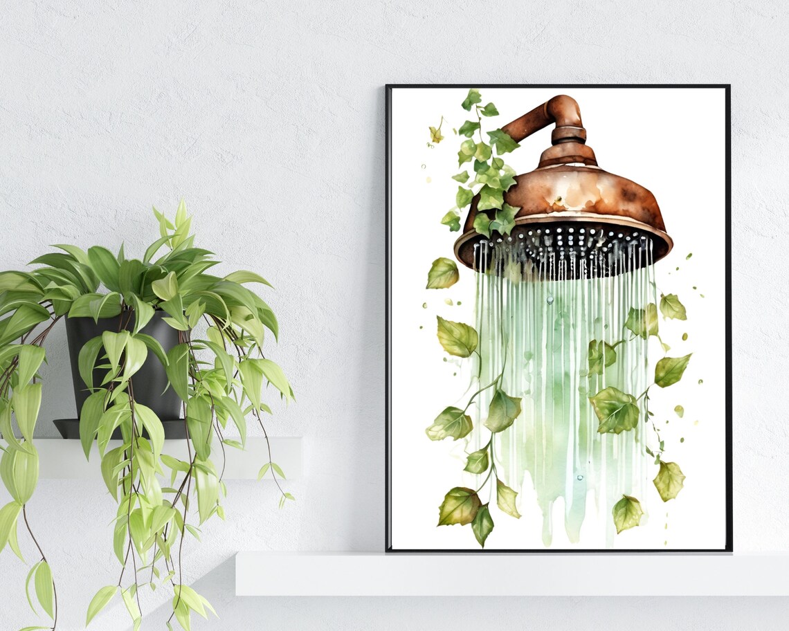 Copper Shower Head Ivy Leaves Rustic Watercolor Bathroom Art Poster - Image 2