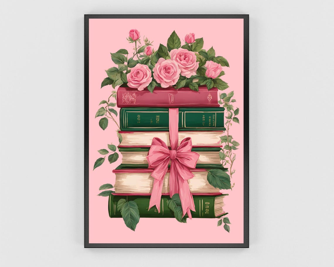 Stack of Vintage Books with Pink Bow and Roses Reader Decor Poster - Image 3