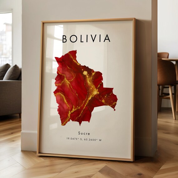 Bolivia Map Printed Poster Red And Gold South America Wall Art Print Home Decor Geography Gift Wallpaper