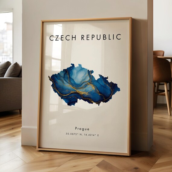 Czech Republic Map Printed Poster Blue And Gold Europe Wall Art Print Home Decor Geography Gift Wallpaper