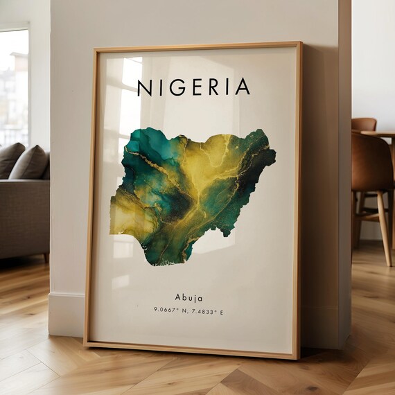 Nigeria Map Printed Poster Green And Gold Africa Wall Art Print Home Decor Geography Gift Wallpaper