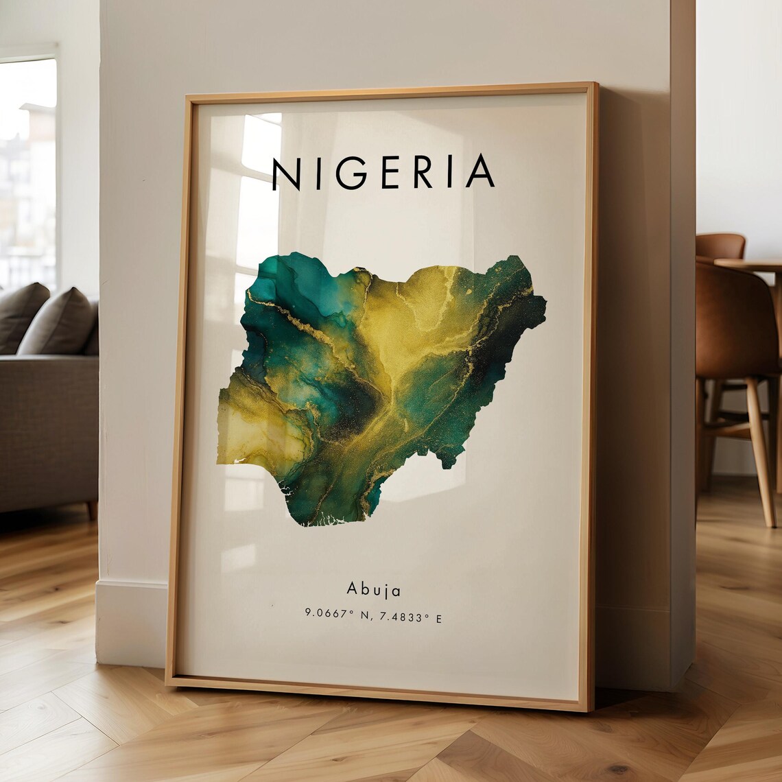 Elegant Nigeria Abuja Map Green Gold Marble Watercolour Poster