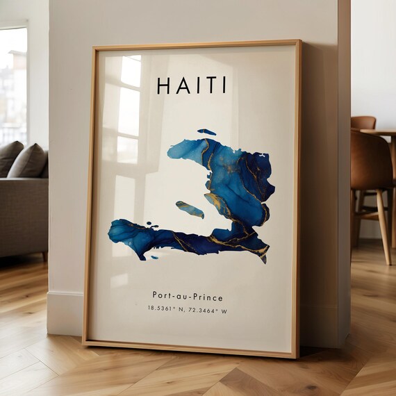 Haiti Map Printed Poster Blue And Gold North America Wall Art Print Home Decor Geography Gift Wallpaper
