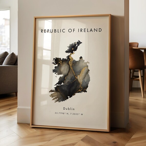 Republic Of Ireland Map Printed Poster Black And Gold Europe Geography Gift Wallpaper