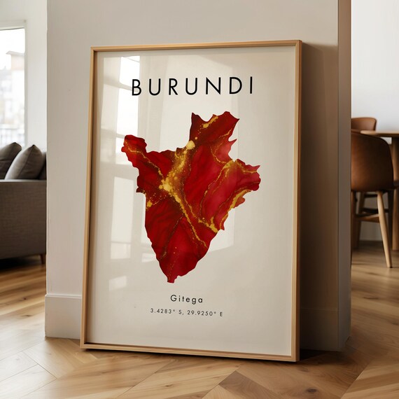 Burundi Map Printed Poster Red And Gold Africa Wall Art Print Home Decor Geography Gift Wallpaper