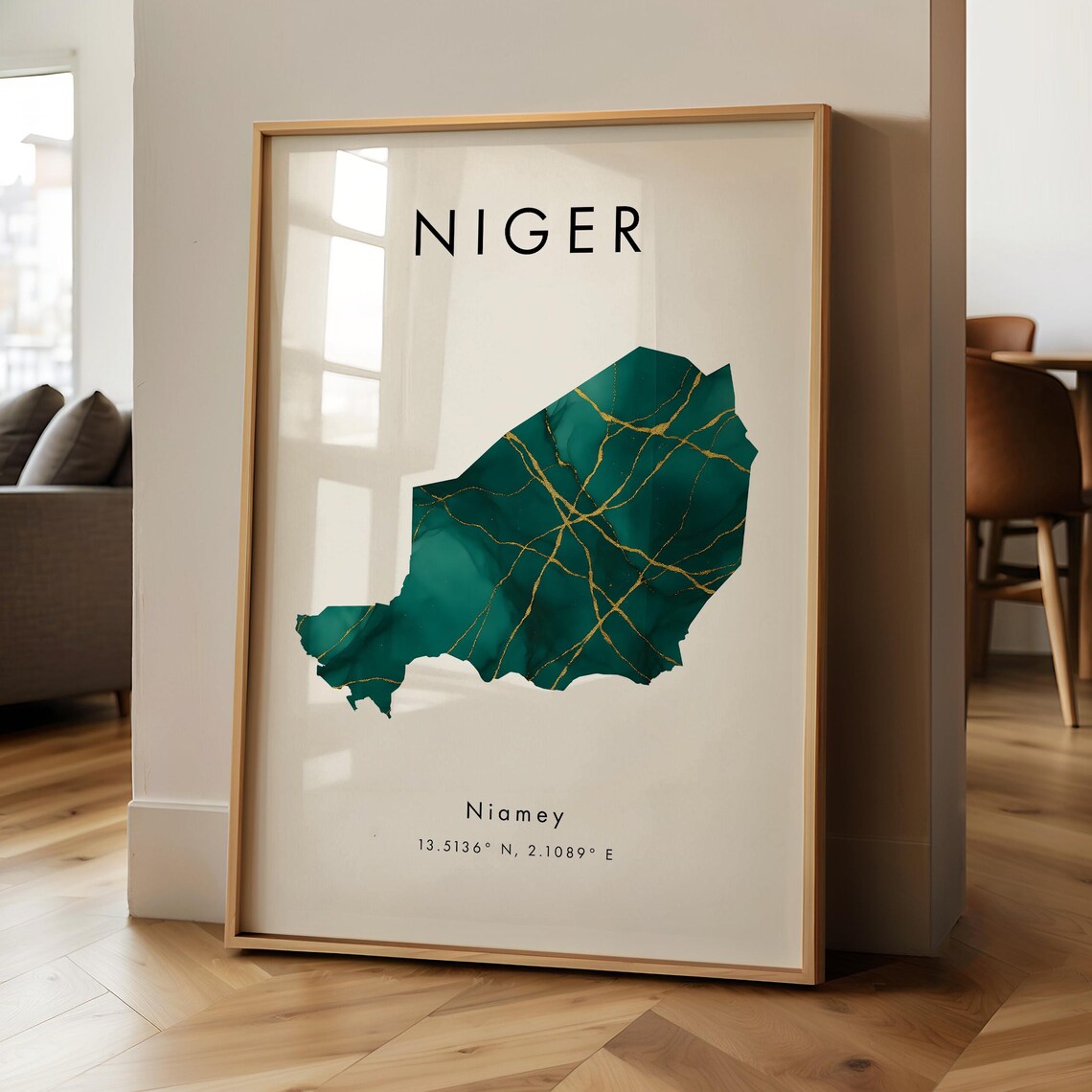 Niger Green Marble Country Map With Gold Veins Cream Art Poster