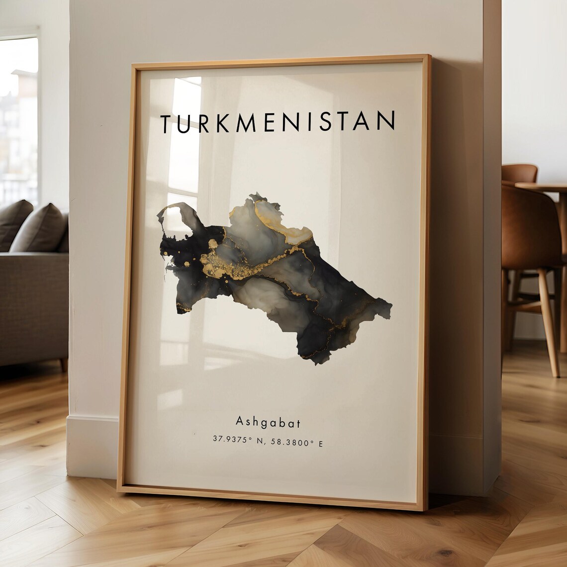 Turkmenistan Map Printed Poster Black And Gold Asia Geography Gift Wallpaper