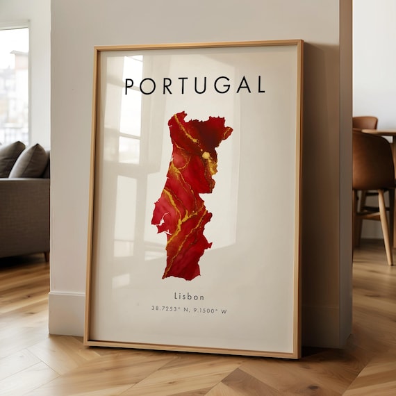 Portugal Map Printed Poster Red And Gold Europe Wall Art Print Home Decor Geography Gift Wallpaper