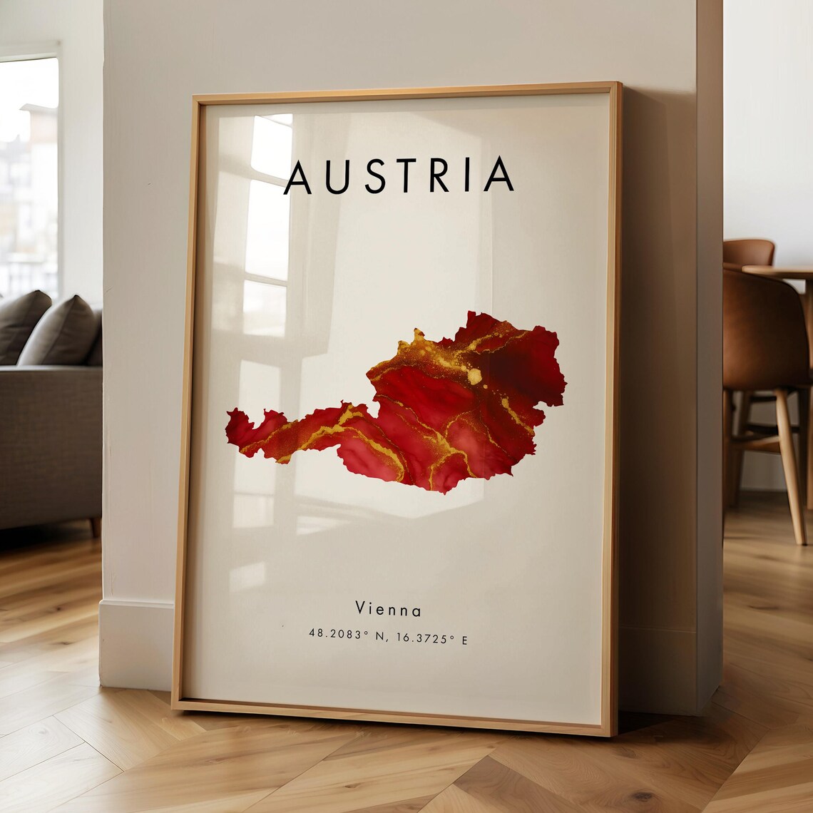 Austria Map Printed Poster Red And Gold Europe Wall Art Print Home Decor Geography Gift Wallpaper