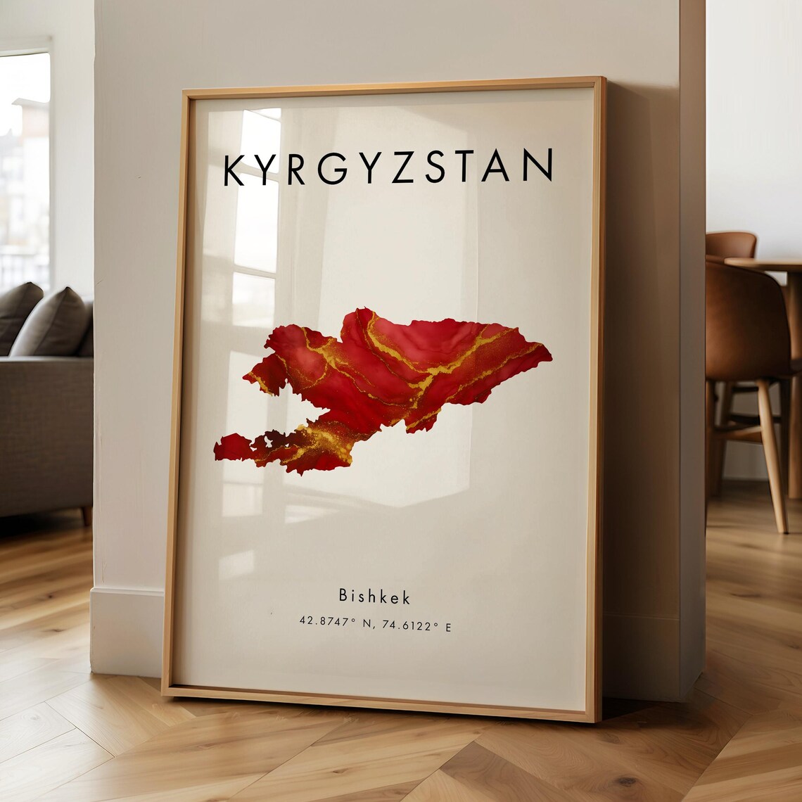 Kyrgyzstan Map Printed Poster Red And Gold Asia Geography Gift Wallpaper
