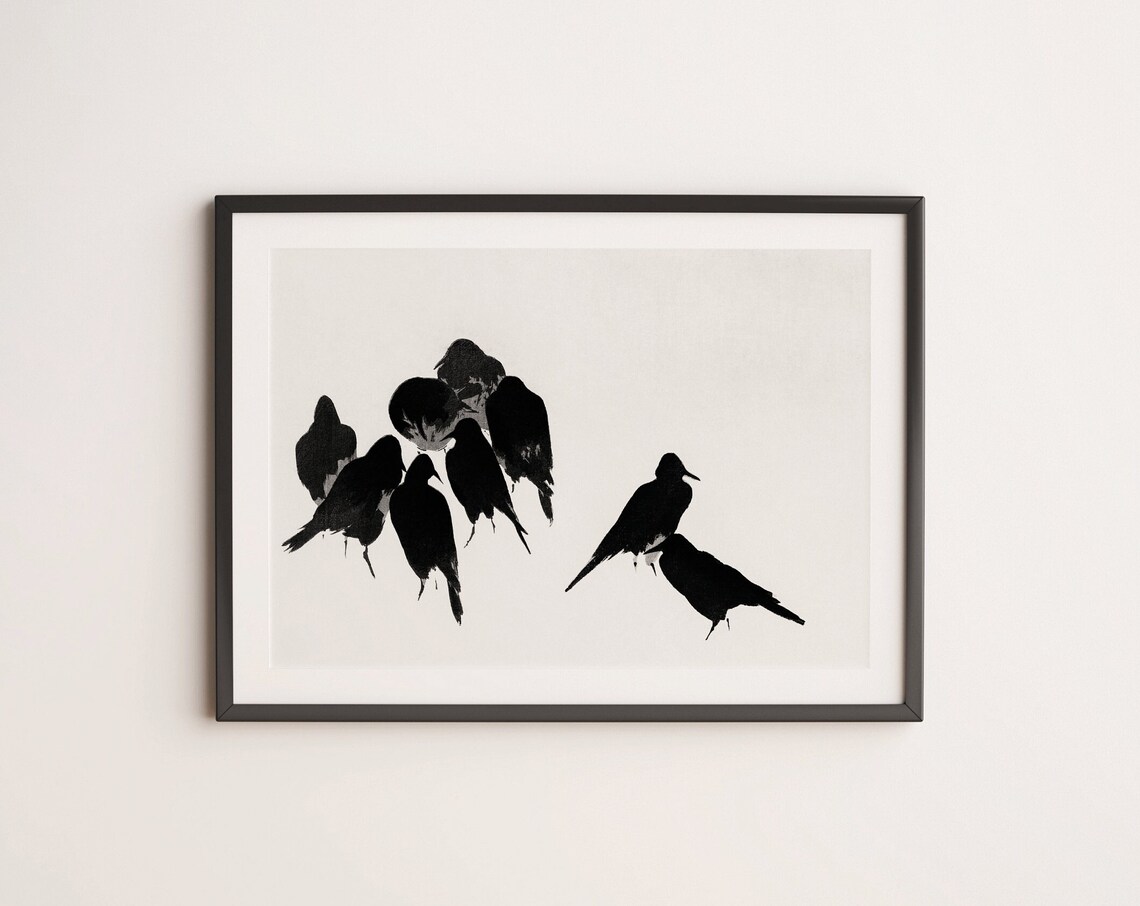 Japanese Black Crows Ink Wash Minimalist Bird Silhouette Art Poster
