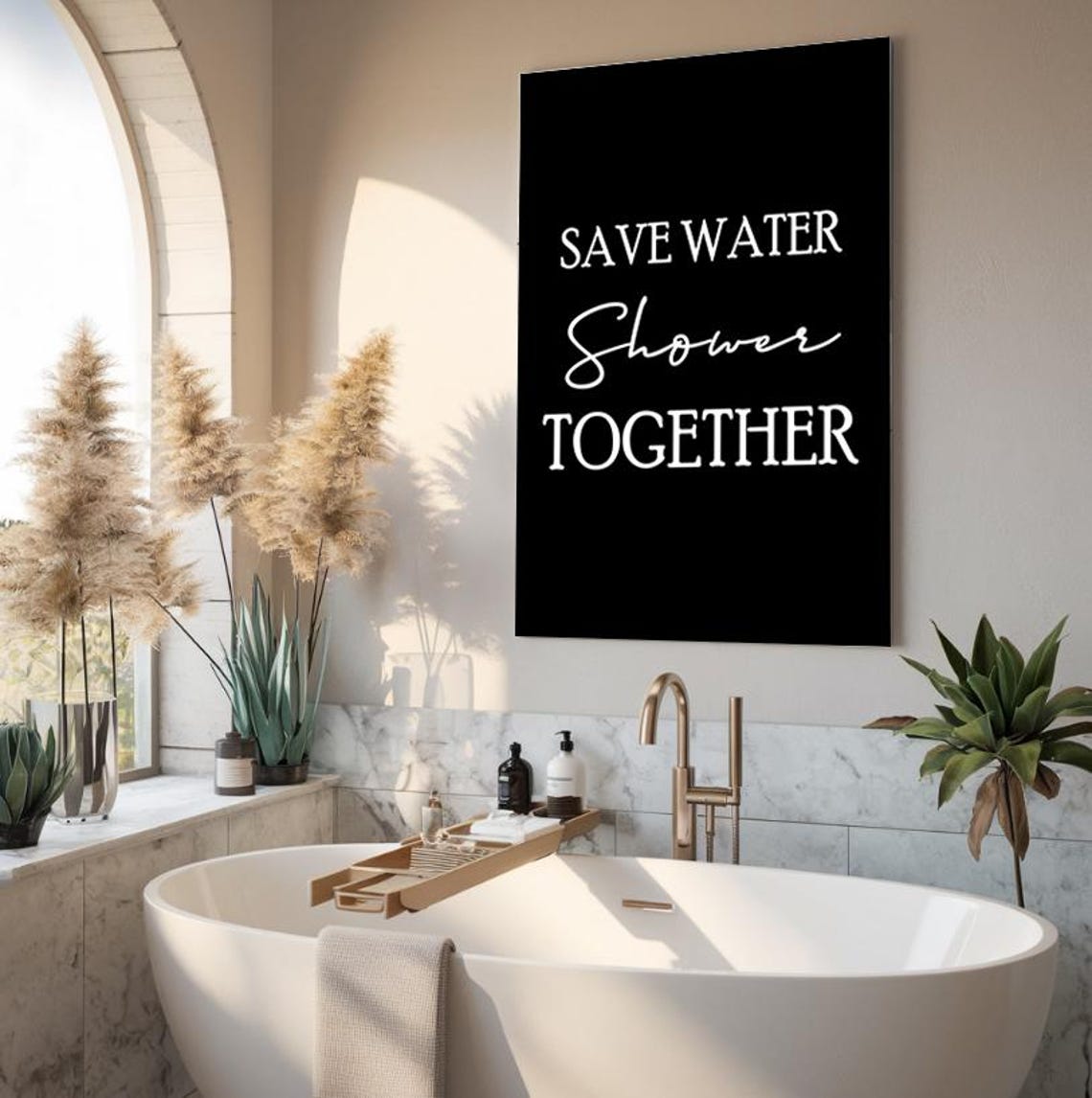 Save Water Shower Together Funny Bathroom Black White Poster - Image 2