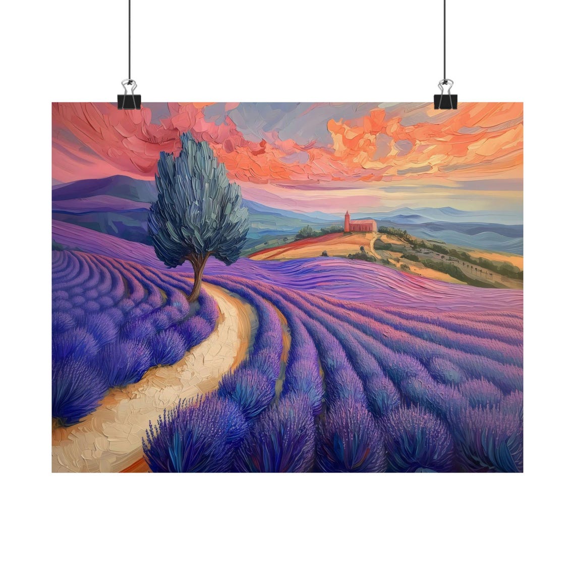 Winding Path Through Rolling Lavender Fields at a Pink Sunset Poster