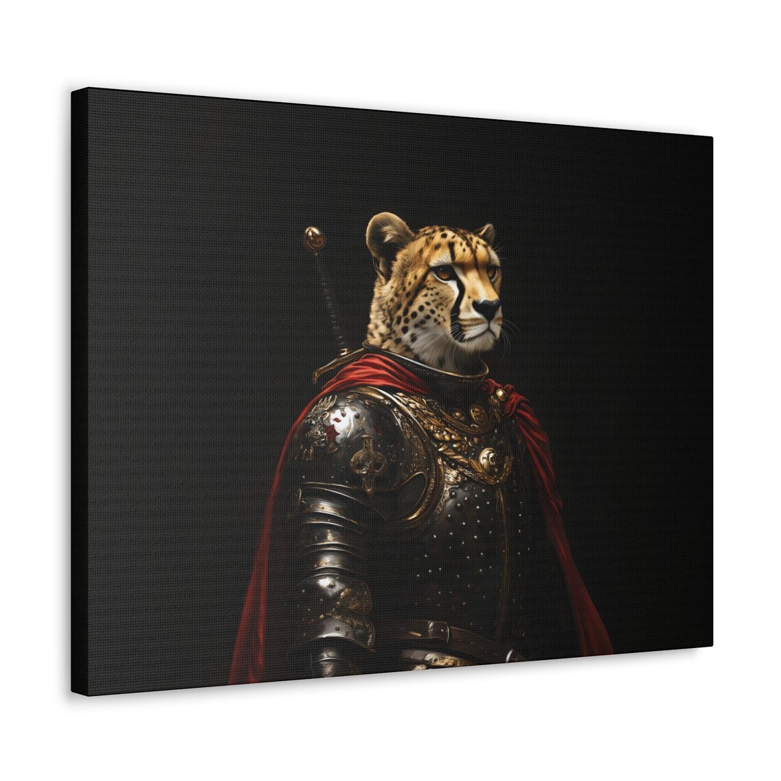 Cheetah Knight In Ornate Black Armor And Red Cape Medieval Portrait Poster